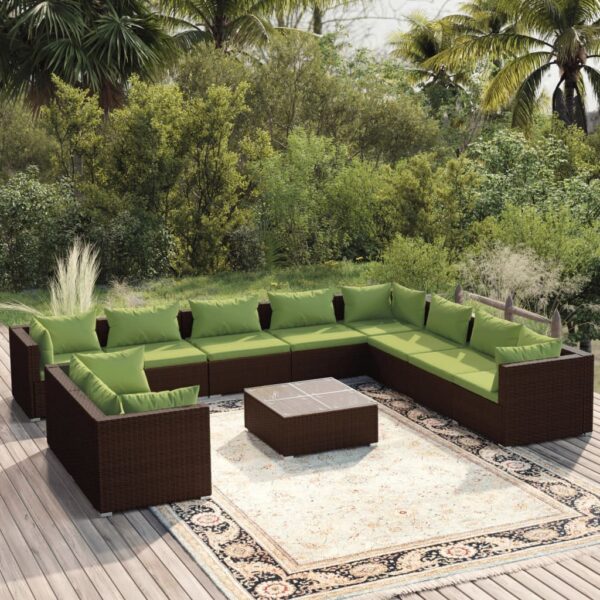 11 Piece Garden Lounge Set with Cushions Brown Poly Rattan