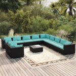 12 Piece Garden Lounge Set with Cushions Black Poly Rattan