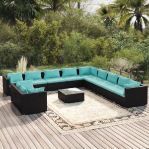 12 Piece Garden Lounge Set with Cushions Black Poly Rattan