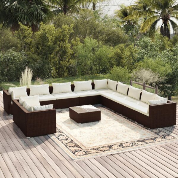 12 Piece Garden Lounge Set with Cushions Brown Poly Rattan