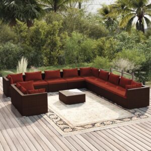 12 Piece Garden Lounge Set with Cushions Brown Poly Rattan