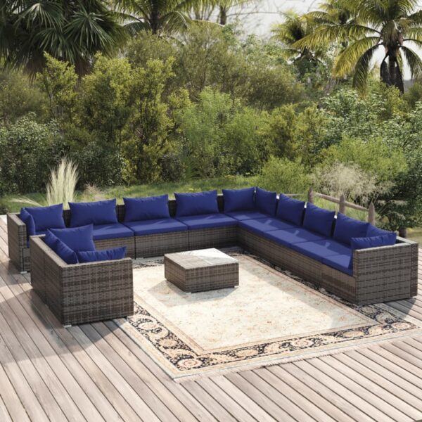 12 Piece Garden Lounge Set with Cushions Grey Poly Rattan