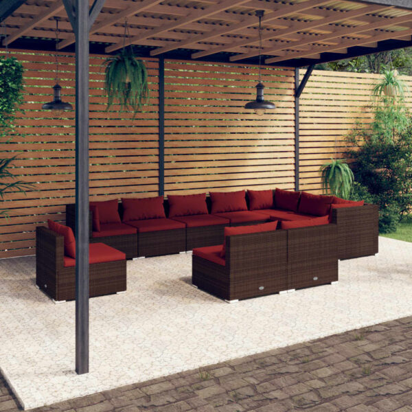 10 Piece Garden Lounge Set with Cushions Poly Rattan Brown