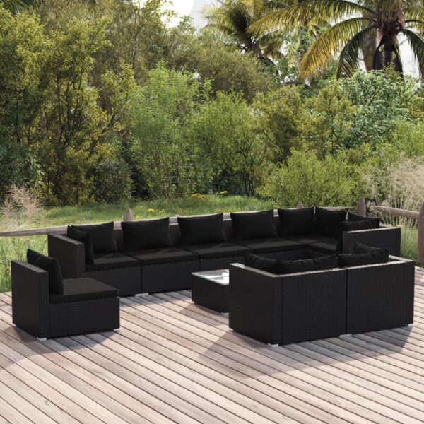 10 Piece Garden Lounge Set with Cushions Poly Rattan Black