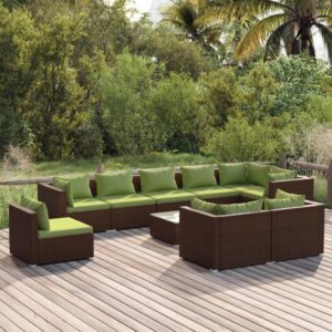 10 Piece Garden Lounge Set with Cushions Poly Rattan Brown