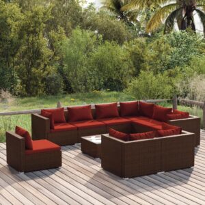 10 Piece Garden Lounge Set with Cushions Poly Rattan Brown