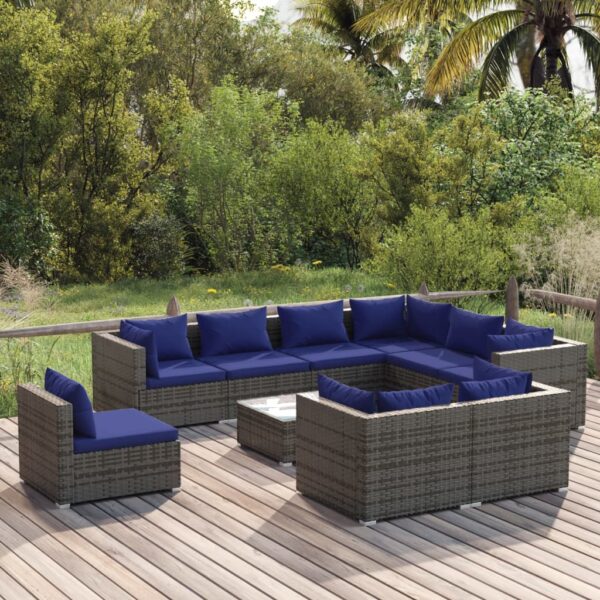 10 Piece Garden Lounge Set with Cushions Poly Rattan Grey