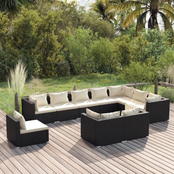 10 Piece Garden Lounge Set with Cushions Poly Rattan Black