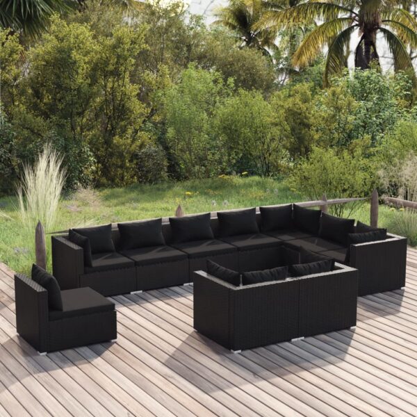 10 Piece Garden Lounge Set with Cushions Poly Rattan Black