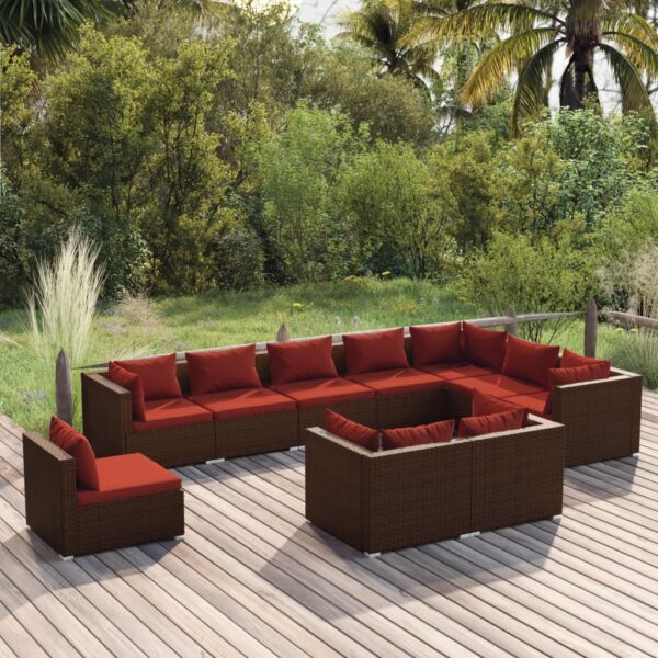 10 Piece Garden Lounge Set with Cushions Poly Rattan Brown