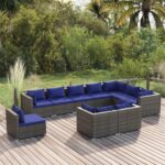 10 Piece Garden Lounge Set with Cushions Poly Rattan Grey