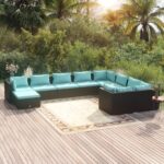 10 Piece Garden Lounge Set with Cushions Poly Rattan Black