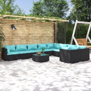 10 Piece Garden Lounge Set with Cushions Poly Rattan Black