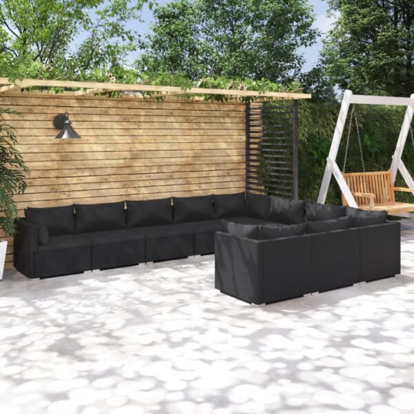 10 Piece Garden Lounge Set with Cushions Poly Rattan Black