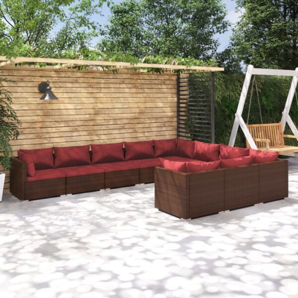 10 Piece Garden Lounge Set with Cushions Poly Rattan Brown