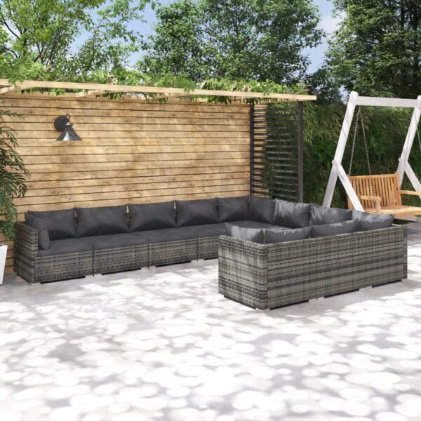 10 Piece Garden Lounge Set with Cushions Poly Rattan Grey