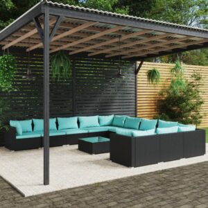 12 Piece Garden Lounge Set with Cushions Poly Rattan Black