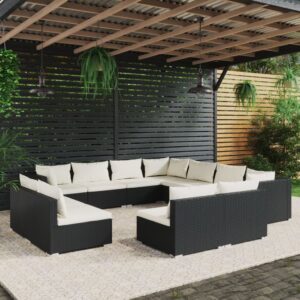 11 Piece Garden Lounge Set with Cushions Black Poly Rattan