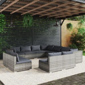 11 Piece Garden Lounge Set with Cushions Grey Poly Rattan