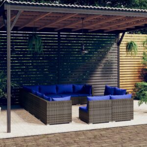 12 Piece Garden Lounge Set with Cushions Grey Poly Rattan