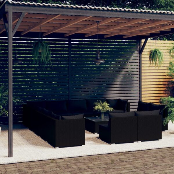 14 Piece Garden Lounge Set with Cushions Black Poly Rattan