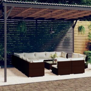 14 Piece Garden Lounge Set with Cushions Brown Poly Rattan