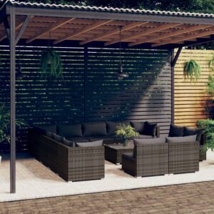 14 Piece Garden Lounge Set with Cushions Grey Poly Rattan