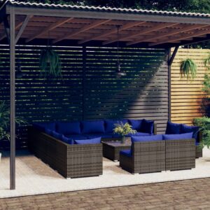 14 Piece Garden Lounge Set with Cushions Grey Poly Rattan