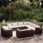 11 Piece Garden Lounge Set with Cushions Brown Poly Rattan