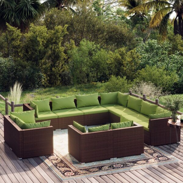 11 Piece Garden Lounge Set with Cushions Brown Poly Rattan