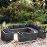 11 Piece Garden Lounge Set with Cushions Grey Poly Rattan