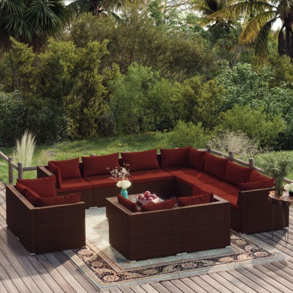 12 Piece Garden Lounge Set with Cushions Brown Poly Rattan