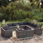 12 Piece Garden Lounge Set with Cushions Grey Poly Rattan