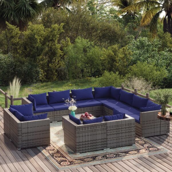 12 Piece Garden Lounge Set with Cushions Grey Poly Rattan