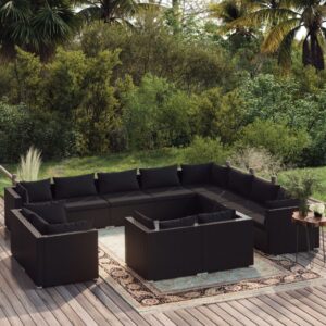 12 Piece Garden Lounge Set with Cushions Black Poly Rattan