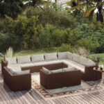 12 Piece Garden Lounge Set with Cushions Brown Poly Rattan