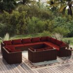 12 Piece Garden Lounge Set with Cushions Brown Poly Rattan