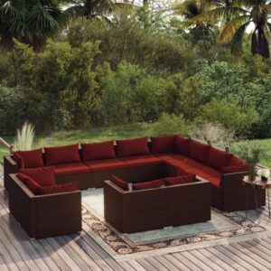 12 Piece Garden Lounge Set with Cushions Brown Poly Rattan