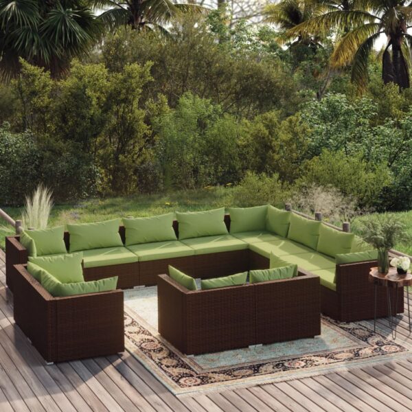 12 Piece Garden Lounge Set with Cushions Brown Poly Rattan