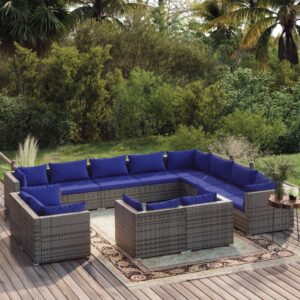 12 Piece Garden Lounge Set with Cushions Grey Poly Rattan