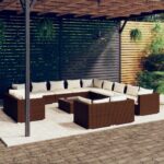 14 Piece Garden Lounge Set with Cushions Brown Poly Rattan