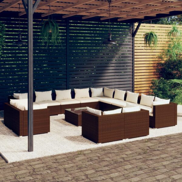 14 Piece Garden Lounge Set with Cushions Brown Poly Rattan