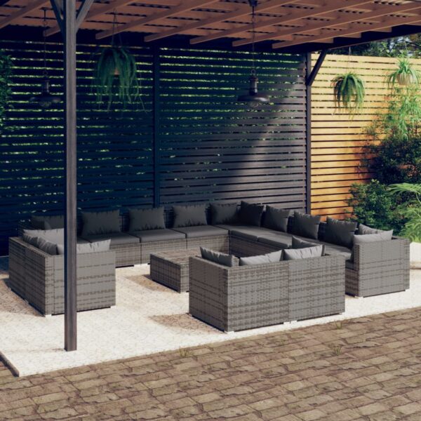 14 Piece Garden Lounge Set with Cushions Grey Poly Rattan