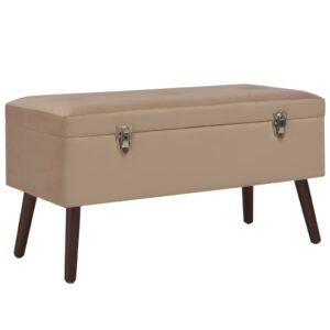 Chic Beige Velvet Storage Bench - Cozy Hallway Seating with Wooden Legs