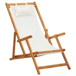 Folding Wooden Beach Chair Cream Fabric Recliner Adjustable Lightweight Portable