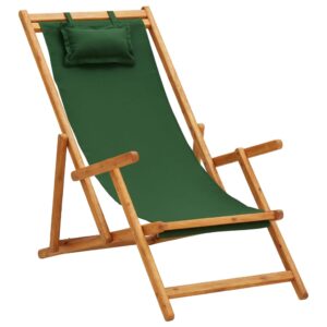 Folding Wooden Beach Chair Lightweight Recliner with Pillow Green Fabric