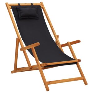 Folding Beach Chair Solid Wood Reclining Adjustable Fabric Seat Portable Black