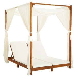 Double Sun Lounger with Curtains & Cushions Solid Acacia Wood