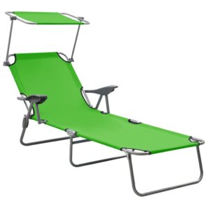 Adjustable Folding Sun Lounger with Canopy Green Fabric Garden Beach Day Bed