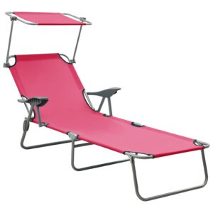 Adjustable Sun Lounger with Canopy Garden Beach Recliner Foldable Pink Fabric